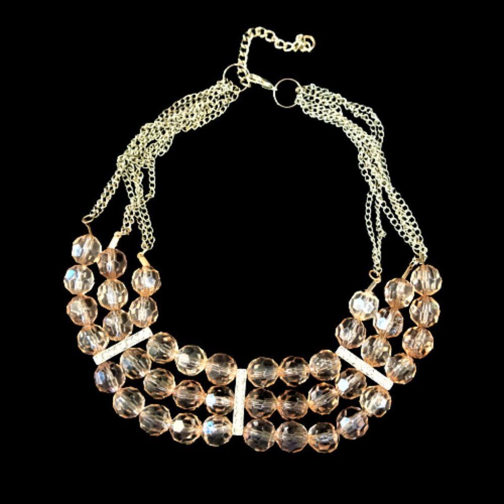 Vintage 3 Strand Plastic Retro Beaded Necklace Blush Pink And Silver Tone
